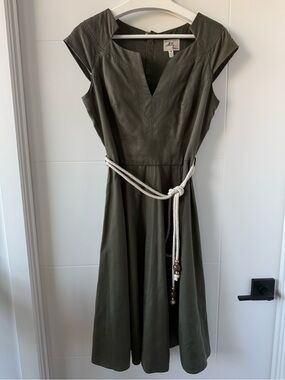 Vintage Milly Olive Green Midi Dress with Tan Rope Belt